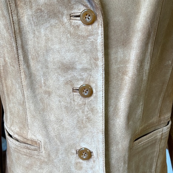 VINTAGE LARGE PRESTON & YORK GENUINE LEATHER SUEDE TAN/ GOLD DRESS JACKET - Picture 7 of 15